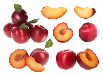 Set of fresh ripe plums on white background