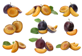 Set of fresh ripe plums on white background