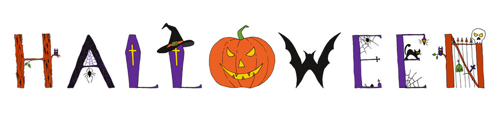 Halloween text banner of hand drawn letters with owl, spider, web, graveyard, cemetery, pumpkin, bat, witch hat, coffin, skull. Vector illustration of the word Halloween. Helloween lettering.