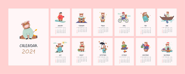Obraz premium 2021 calendar design with bull. New year symbol. Flat vector illustrations.