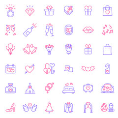 Set of love and valentine day colored line style Icons. Contains such Icons as ice cream, coffee, chocolate, cupcake, food, cake, diamond ring, necklace, heart And Other Elements. 