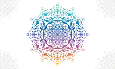 Gradient colorful mandala background with floral ornament pattern. Hand drawn mandala design. Vector mandala template for decoration invitation, cards, wedding, logos, cover, brochure, flyer, banner.