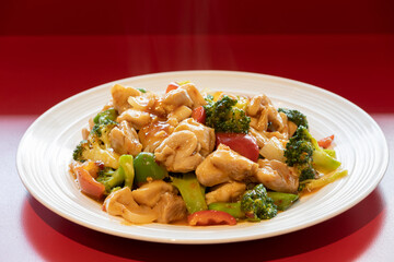 Fototapeta na wymiar healthy Chinese food stir fry chicken vegetables