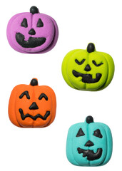 Happy Halloween. Pumpkin Jack-o-lantern for Halloween. Hand made cookies. Holiday treat. Trick or treat. Flat lay, top view. white isolated background.