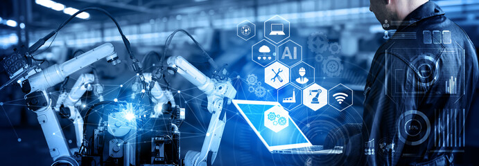 Smart industry robot arms for digital factory production technology showing automation...