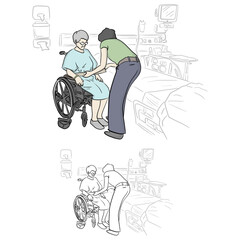 Nursing lady cares for elderly woman with wheelchair in nursing hospital vector illustration sketch doodle hand drawn with black lines isolated on white background
