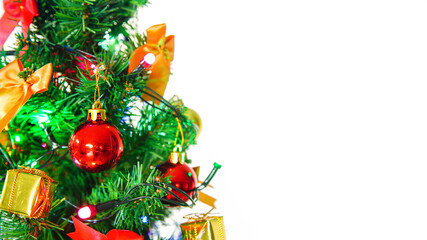 Decoration Christmas tree with a red ball and light gift box on white background.