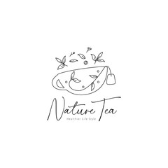 Nature herbal tea logo with leaf and flower decoration vector icon symbol elegant rustic style