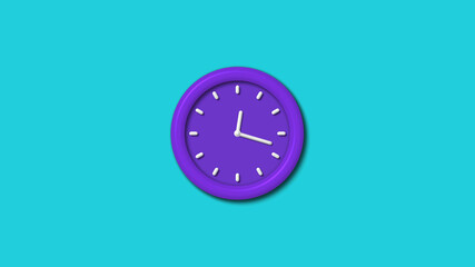 Amazing purple color 3d wall clock isolated on cyan background,12 hours wall clock