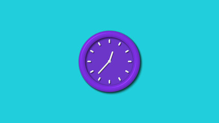 Amazing purple color 3d wall clock isolated on cyan background,12 hours wall clock