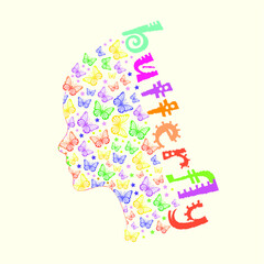 Beautiful multi colored girl profile silhouette with butterflies. Poster Advertisement Flyers Vector Illustration.