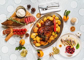 New Year table with different dishes and drinks