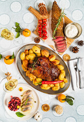 New Year table with different dishes and drinks