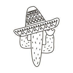 cactus with traditional mexican hat line style icon