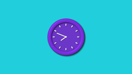 Purple color 12 hours 3d wall clock isolated on cyan background,wall clock