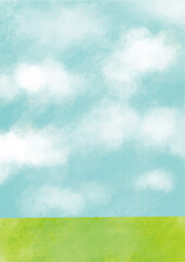 手描きの青空の風景画イラスト背景素材：縦型