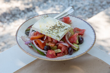 Plate of real Greek salad close up