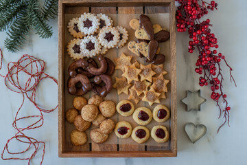 Traditional home made German Christmas Cookies on a festive table