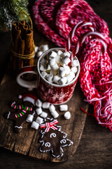 Fototapeta na wymiar Christmas card concept with marshmallow
