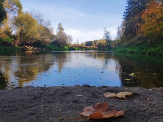 A wide river in the forest, sky with clouds, fallen leaves on the sand, the autumn landscape