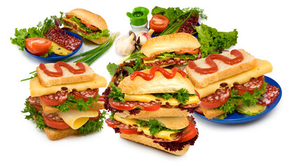 Isolated image of hamburgers and sandwiches on white background