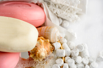 Toilet soap, foam, towel - Spa products. Hygiene and cleanliness of the body.