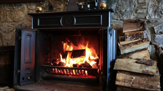Fire in the fireplace, Applecross Inn, Scottish highlands, Scotland	