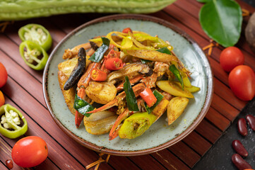 Stir-fried crab with curry powder in a plate.