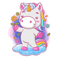 Lovely unicorn holding a flower and standing on the cloud