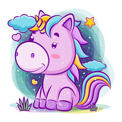 Lovely unicorn sits at the night background