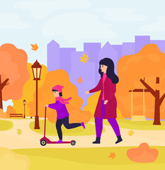 Mother and daughter walk in the autumn park. Girl rides a scooter
