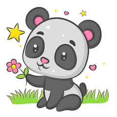 Cute Panda sitting and holding flower