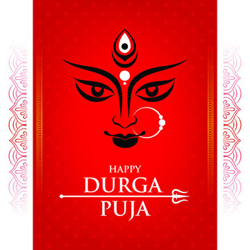 Vector design of Indian Religious Festival Happy Durga Puja / Navaratri with Symbol of Goddess Maa Durga Face or Mnemonic on Red background.