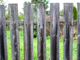 old shabby fence from gray wooden planks in russian village in evening
