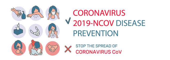 Stop the spread of Coronavirus nCoV 19.COVID-19 Prevention Infographic. Quarantine. Virus Protection. Conceptual Cartoon Flat web Banner. Isolated illustration.