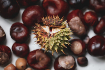 Shallow depth of field (selective focus) image with details of chestnuts from an European Horse Chestnut (Aesculus hippocastanum).