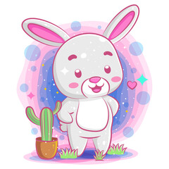 Funny rabbit playing and cactuses in pots