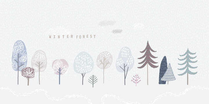 Cute winter forest, vector isolated illustration of trees and clouds. Winter landscape. Vector set.