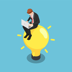 Isometric Businessman Working with Laptop and Sitting on Light Bulb