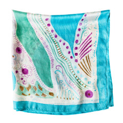 wrapped blue, green and purple handpainted silk scarf with abstract pattern isolated on white background