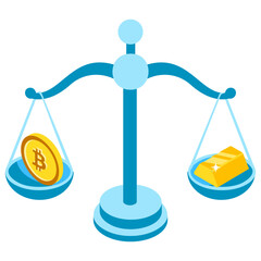 
A scale of justice comparing dollar vs bitcoins and showing sign of equality commemorating bitcoin vs dollar icon  
