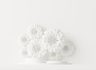 Minimal scene with floral decor, podium and abstract background. White colors scene. Trendy 3d render for social media banners, promotion, cosmetic product show, fashion stage.