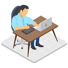 
An employee sitting in front of computer, workplace icon 
