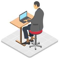 
An employee sitting in front of computer, workplace icon 
