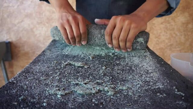 
grinding corn grains into metate, traditional way of making tortilla dough, traditional Mexican food