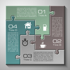Four sided 3d puzzle presentation infographic template with explanatory text field for business statistics