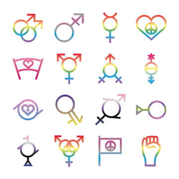 bundle of sixteen gender symbols of sexual orientation degradient style icons