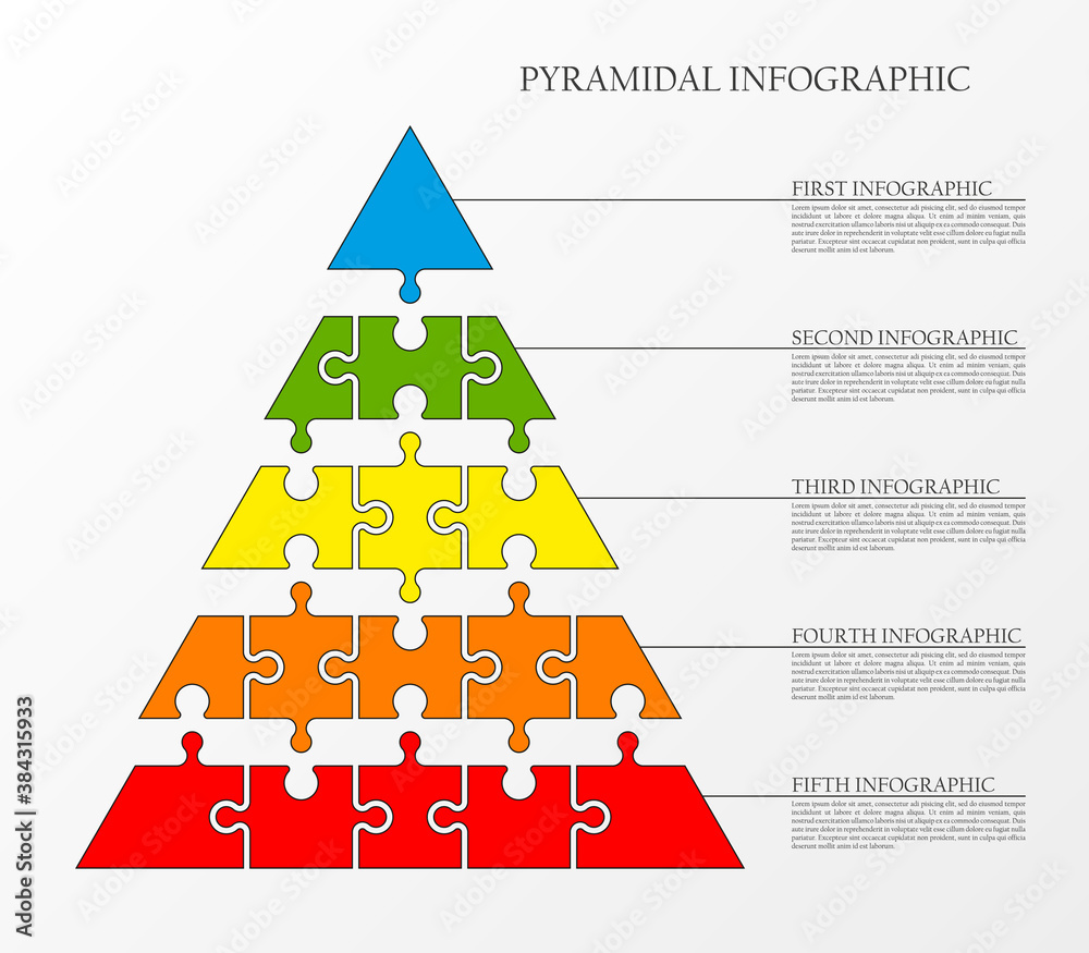Leinwandbilder five levels pyramid puzzle presentation infographic template with explanatory text field for busines