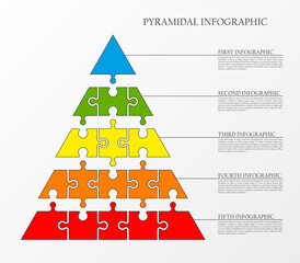 Fototapeta premium five levels pyramid puzzle presentation infographic template with explanatory text field for business statistics illustration