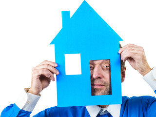 Fototapeta na wymiar Man holding blue house model